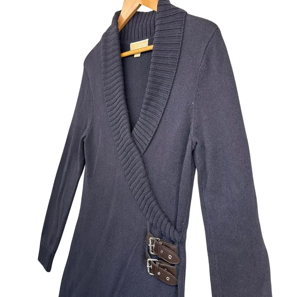 Michael Kors Navy Blue Cowl Neck Double Buckle Faux-Wrap Sweater Dress Women M
